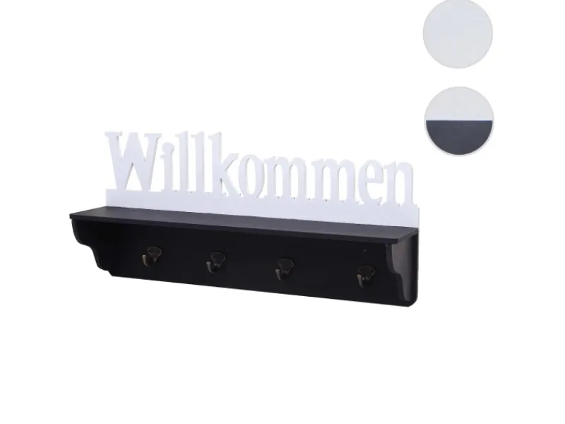MCW Wandgarderobe D41 Willkommen 4 Haken Schwarz/weiß