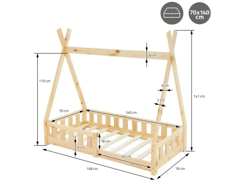 ML-Design Kinderbett Tipi 70x140cm Natur mit Rausfallschutz Lattenrost