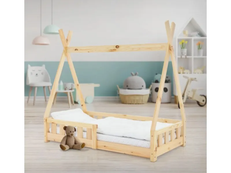 ML-Design Kinderbett Tipi 70x140cm Natur mit Rausfallschutz Lattenrost