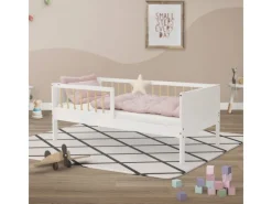 ML-Design Betten^Kinderbett 70x140 cm Weiß-Natur Einzelbett mit Lattenrost