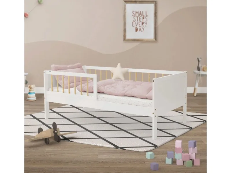 ML-Design Betten^Kinderbett 70x140 cm Weiß-Natur Einzelbett mit Lattenrost