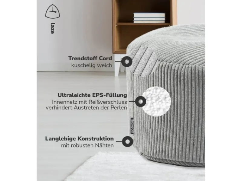 mokebo Hocker^Pouf oder Sitzhocker aus Cord Der Faule Lenz Fußhocker in mit EPS-Perlen Füllung