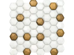 Mosaik^Mosaikmatte Ebru Hexagon Glas Weiß Gold 29 cm x 29 cm