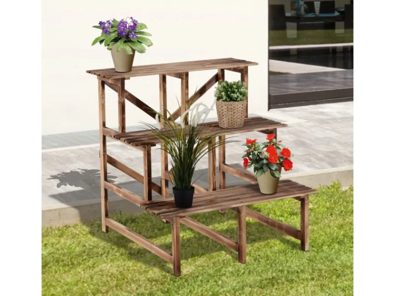 Outsunny Regale Schwarz|Dekorative Figuren^Pflanzenregal Tannenholz Verkohlt L80 x B80 x H78cm