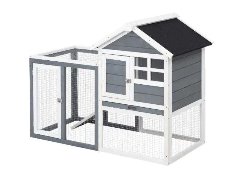 PawHut Kaninchenstall Tannenholz Grau Weiß Schwarz 122 x 62,6 x 92 cm