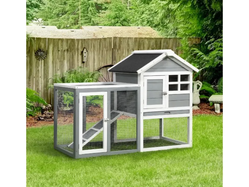 PawHut Kaninchenstall Tannenholz Grau Weiß Schwarz 122 x 62,6 x 92 cm