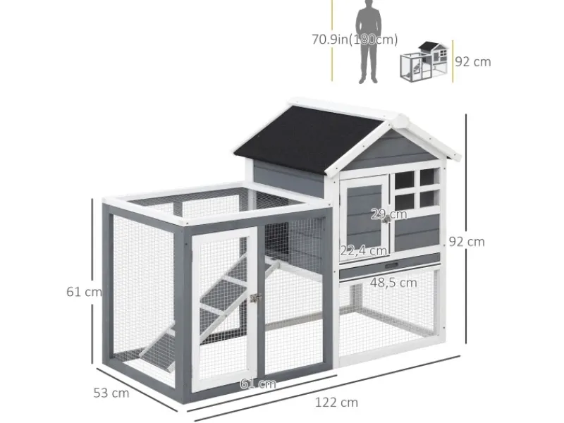 PawHut Kaninchenstall Tannenholz Grau Weiß Schwarz 122 x 62,6 x 92 cm