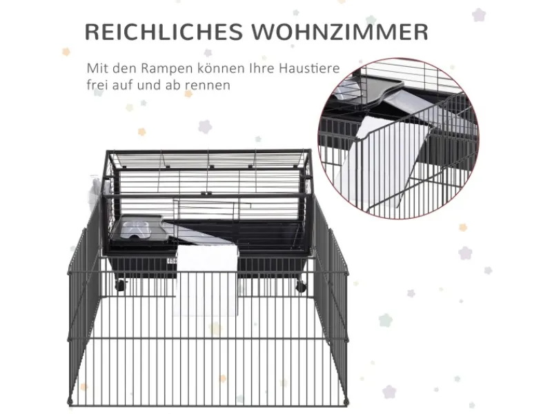 PawHut Kleintierstall mit Klappbarem Auslaufbereich Schwarz 88 x 128,5 x 56 cm