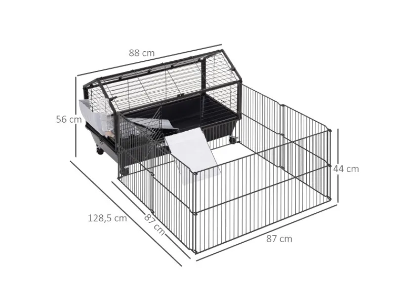 PawHut Kleintierstall mit Klappbarem Auslaufbereich Schwarz 88 x 128,5 x 56 cm