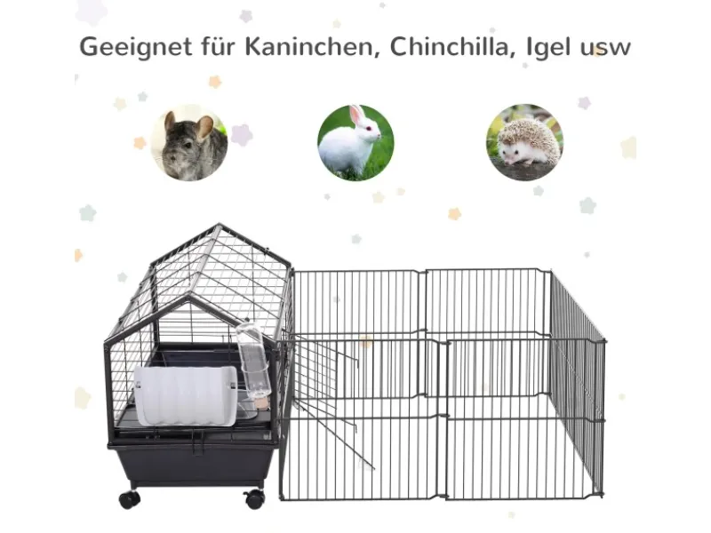 PawHut Kleintierstall mit Klappbarem Auslaufbereich Schwarz 88 x 128,5 x 56 cm