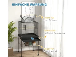 PawHut Vogelbedarf^Vogelkäfig Stahl Kunststoff Schwarz 63L x 53B x 144H cm