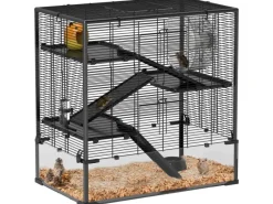 PawHut Kleintierbedarf^Zwerghamster-Käfig Stahl Gehärtetes Glas Schwarz 78,5L x 48,5B x 80H cm