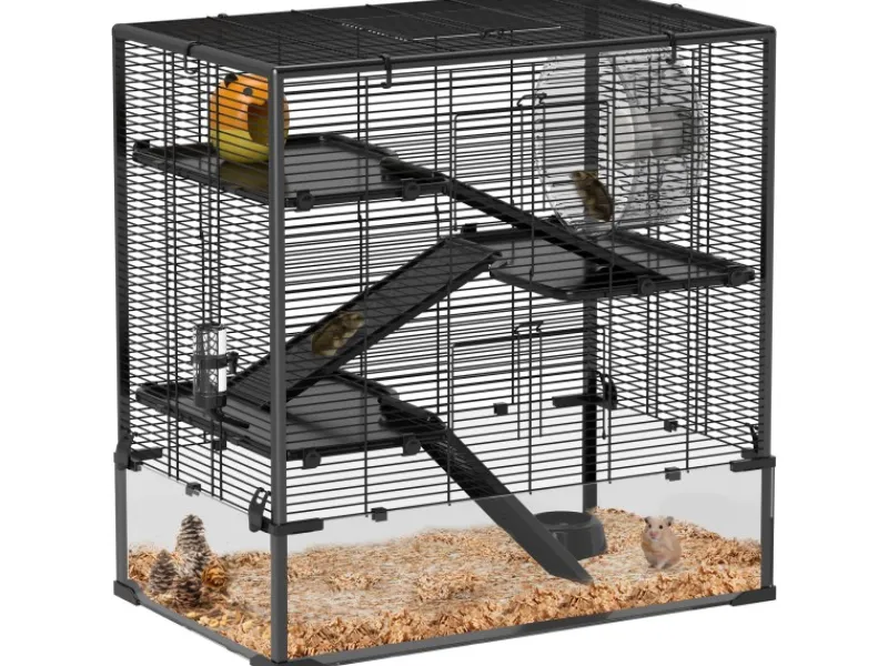 PawHut Kleintierbedarf^Zwerghamster-Käfig Stahl Gehärtetes Glas Schwarz 78,5L x 48,5B x 80H cm