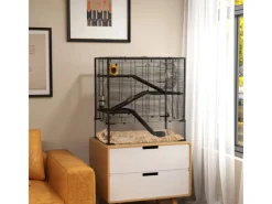 PawHut Kleintierbedarf^Zwerghamster-Käfig Stahl Gehärtetes Glas Schwarz 78,5L x 48,5B x 80H cm