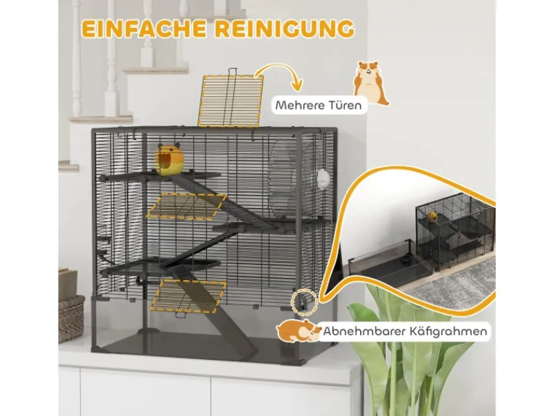 PawHut Kleintierbedarf^Zwerghamster-Käfig Stahl Gehärtetes Glas Schwarz 78,5L x 48,5B x 80H cm