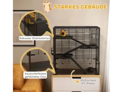 PawHut Kleintierbedarf^Zwerghamster-Käfig Stahl Gehärtetes Glas Schwarz 78,5L x 48,5B x 80H cm