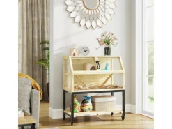 PawHut Kleintierbedarf^Zwerghamsterkäfig Tannenholz Stahl Naturholz 87L x 43B x 101H cm