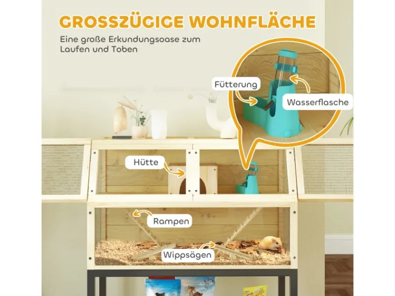 PawHut Kleintierbedarf^Zwerghamsterkäfig Tannenholz Stahl Naturholz 87L x 43B x 101H cm