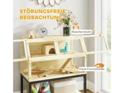 PawHut Kleintierbedarf^Zwerghamsterkäfig Tannenholz Stahl Naturholz 87L x 43B x 101H cm