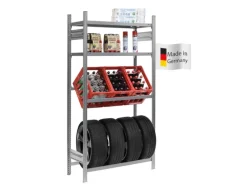PROREGAL Weitere Regale^Getränkekisten- & Reifenregal Chiemsee Tire Made in Germany HxBxT 200 x 106 x 43,5 cm 3 Kisten auf 1 Ebene & 4 Reifen & 2 Boards Verzinkt