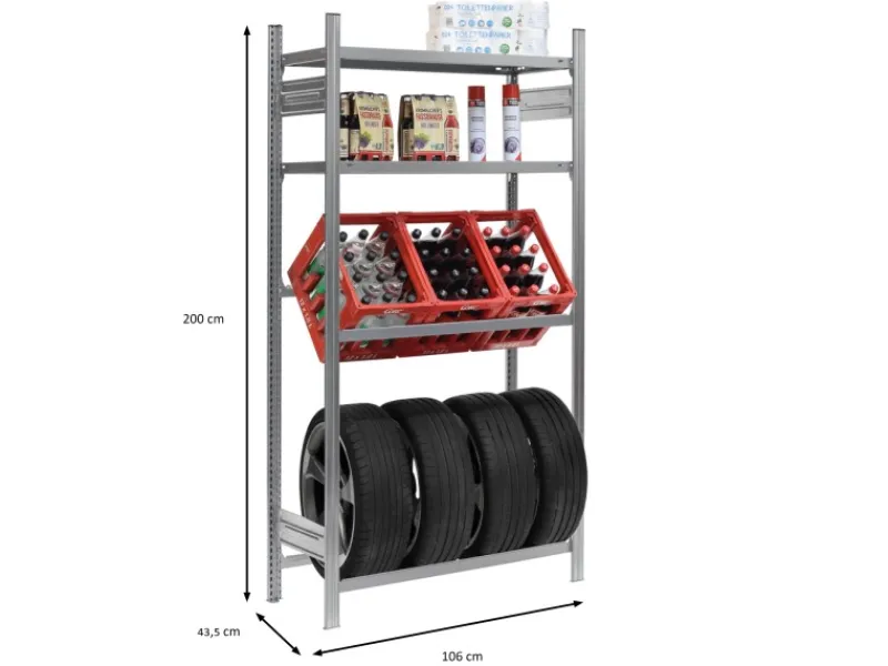 PROREGAL Weitere Regale^Getränkekisten- & Reifenregal Chiemsee Tire Made in Germany HxBxT 200 x 106 x 43,5 cm 3 Kisten auf 1 Ebene & 4 Reifen & 2 Boards Verzinkt