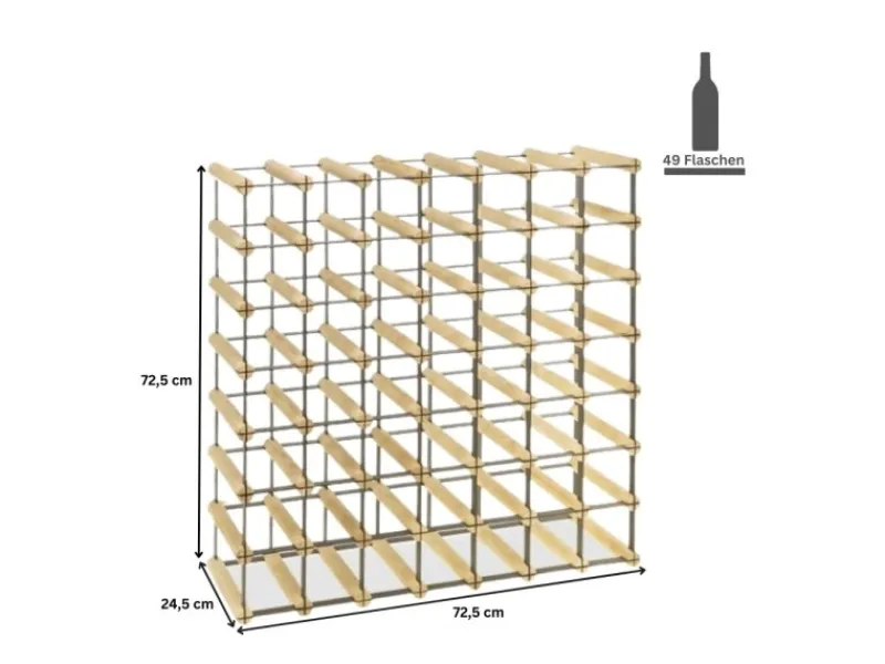PROREGAL Modulares Weinregal Vinotega Mod Metal HxBxT 72,5 x 72,5 x 24,5 cm 7 x 7 Flaschen Massives Kiefernholz Natur