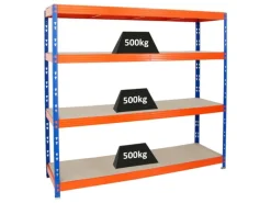 PROREGAL Schwerlastregal^Profi Schwerlastregal Rhino HxBxT 180 x 200 x 60 cm 4 Spanplatten-Ebenen 8mm Fachlast 500 kg Blau/Orange