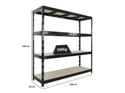 PROREGAL Regale Schwarz|Metallregale^Profi Schwerlastregal Rhino HxBxT 200x200x60cm 4 Spanplatten-Ebenen 8mm Fachlast 500kg Stecksystem Lagerregal Steckregal