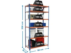PROREGAL Kellerregale|Schwerlastregal^Schwerlastregal Giant Metal Shark HxBxT 250 x 90 x 50 cm Fachlast 180 kg Blau-Orange