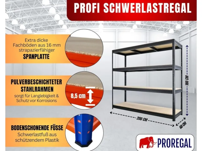 PROREGAL Regalsysteme^Schwerlastregal Dino HxBxT 180x200x60cm 4 Spanplatten-Ebenen 16mm Fachlast 500kg Blau/Orange