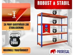 PROREGAL Regalsysteme^Schwerlastregal Dino HxBxT 180x200x60cm 4 Spanplatten-Ebenen 16mm Fachlast 500kg Blau/Orange