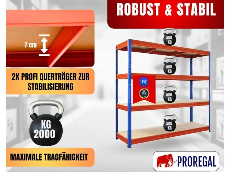 PROREGAL Regalsysteme^Schwerlastregal Dino HxBxT 180x200x60cm 4 Spanplatten-Ebenen 16mm Fachlast 500kg Blau/Orange