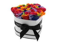 Ostern^Rosenbox Herz Weiß-Schwarz mit 13 Rainbow Rosen