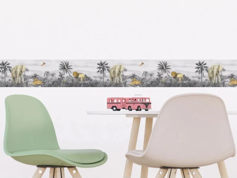 Sanders & Sanders Selbstklebende Tapetenbordüre Dschungeltiere Grau 9.7 x 500 cm 601304