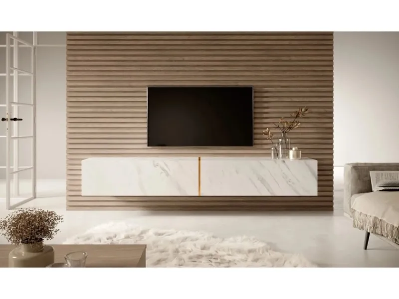 TV-Wände^Selsey TV-Hängeboard Bisira 200 cm e Marmoroptik mit Goldenem Einsatz