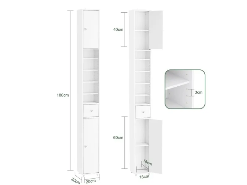 SoBuy Badezimmerschrank Hochschrank Badregal mit 6 Einlegeböden 20x180x20cm BZR34-II-W