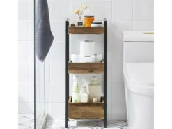 SoBuy Metallregale^Badregal mit 3 Ablagefächern Holz Metall Vintagebraun FRG226-F