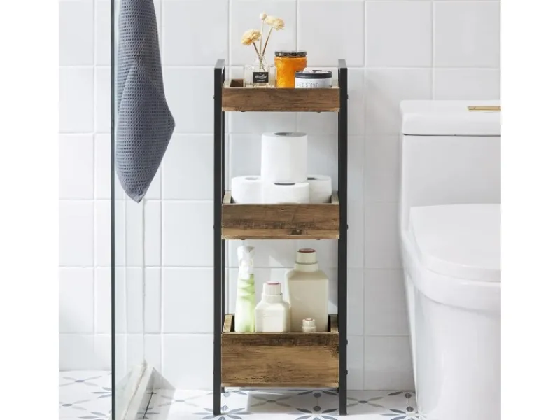 SoBuy Metallregale^Badregal mit 3 Ablagefächern Holz Metall Vintagebraun FRG226-F