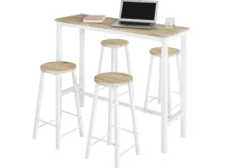 SoBuy Hocker^Bartisch Set 5-teilig Essgruppe Esstisch mit 4 Hockern Weiß-Natur OGT22-WN