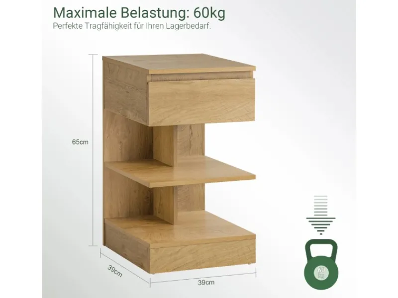 SoBuy Tische^Nachttisch mit Schublade und 2 Ablagen Beistelltisch 39x65x39cm Natur FBT49-N
