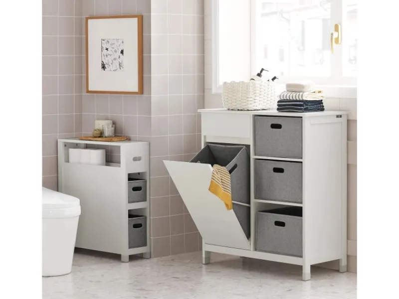 SoBuy Regal Weiß^Nischenregal mit 2 abnehmbaren Körben Holz Vlies Weiß BZR83-W