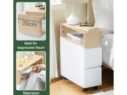 SoBuy Tische^Schmaler Beistelltisch mit 2 Schubladen Nachttisch mit Rollen FBT155-WN