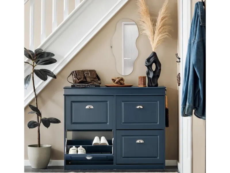 SoBuy Regale Massivholz^Schuhschrank mit 4 Klappen Schuhkommode MDF Schuhregal 105x82x24cm Blau FSR79-B