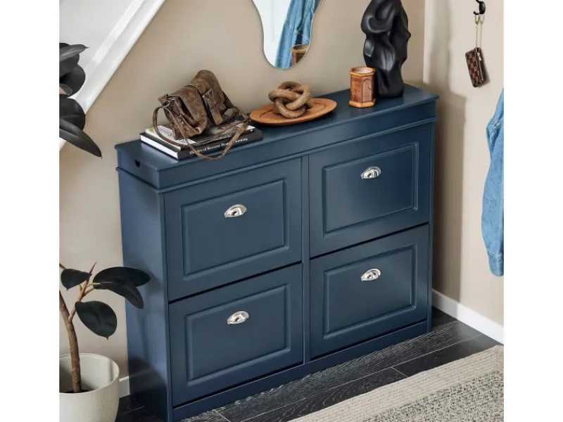 SoBuy Regale Massivholz^Schuhschrank mit 4 Klappen Schuhkommode MDF Schuhregal 105x82x24cm Blau FSR79-B
