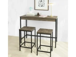 SoBuy Tische^3-teilig Bartisch mit 2 Barhockern Esszimmer MDF Metall Natur OGT30-N