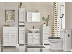 SoBuy Waschbeckenunterschrank Badschrank mit 2 Lamellentüren MDF 60x58x35cm Weiß FRG237-W