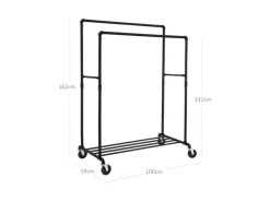 Songmics Doppelkleiderstange mit Rollen und Ablage 50 x 100 x 163 cm Schwarz