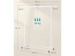 Songmics Garderoben^Kleiderständer mit Rollen 45,4 cm x 132 cm x 160 cm Weiß