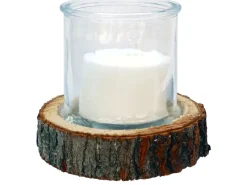 Sunny Garden Windlicht aus Glas mit Holzsockel Ø 18 cm x 16 cm