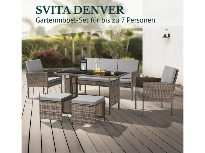 SVITA Sessel|Hocker^Denver Polyrattan Gartenmöbel Set Essgruppe Lounge Esstisch